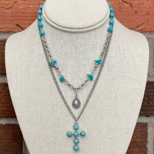 Faux Turquoise Cluster Cross and Spaced Bead Necklace Set